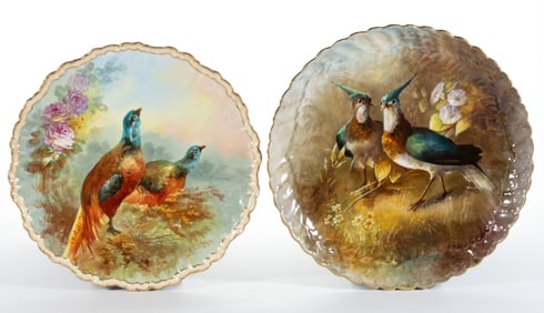 FRENCH LIMOGES PORCELAIN HAND-PAINTED BIRD MOTIF CHARGERS / PLAQUES, LOT OF TWO