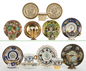 ASSORTED PORCELAIN CUP AND SAUCER SETS, LOT OF NINE