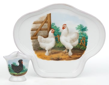 GERMAN PORCELAIN HAND-PAINTED CHICKEN MOTIF TABLE ARTICLES, LOT OF TWO