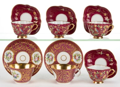 CONTINENTAL PORCELAIN HAND-PAINTED CUP AND SAUCER SETS, LOT OF SIX
