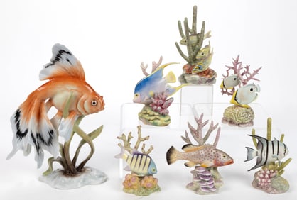 ENGLISH AND GERMAN PORCELAIN FISH FIGURES, LOT OF SEVEN