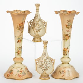 ENGLISH ROYAL WORCESTER PORCELAIN IVORY FLORAL MOTIF VASE PAIRS, LOT OF TWO