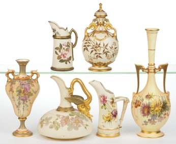 ENGLISH ROYAL WORCESTER PORCELAIN IVORY FLORAL MOTIF ARTICLES, LOT OF SIX