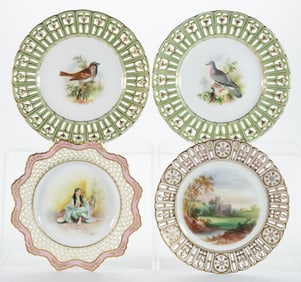 ENGLISH AND FRENCH PORCELAIN HAND-PAINTED RETICULATED PLATES, LOT OF FOUR