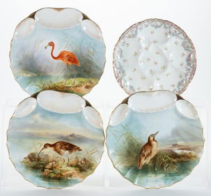 ENGLISH E.J.D. BODLEY HAND-PAINTED CERAMIC BIRD MOTIF OYSTER PLATES, LOT OF THREE