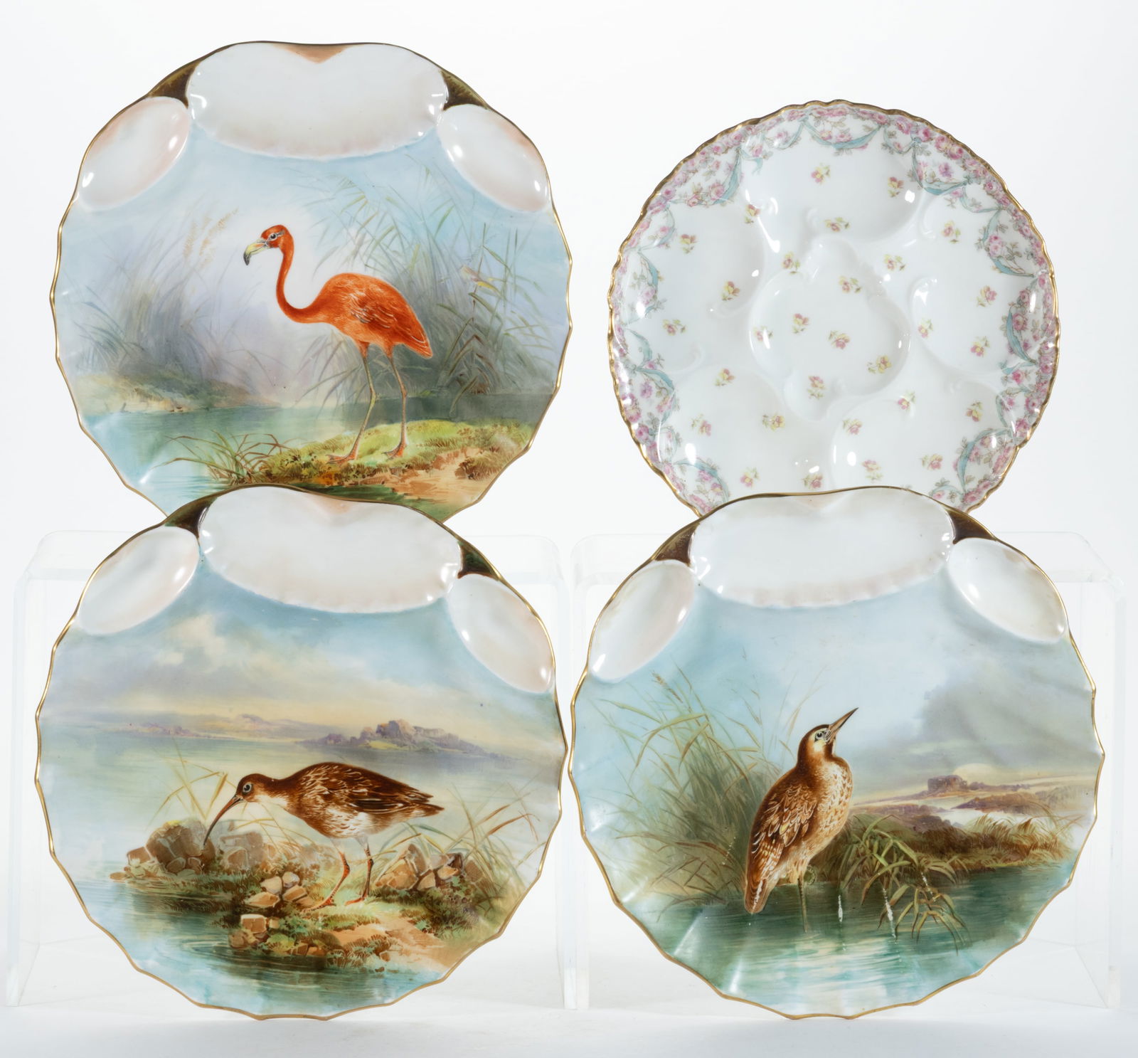 ENGLISH E.J.D. BODLEY HAND-PAINTED CERAMIC BIRD MOTIF OYSTER PLATES, LOT OF THREE (1 of 2)