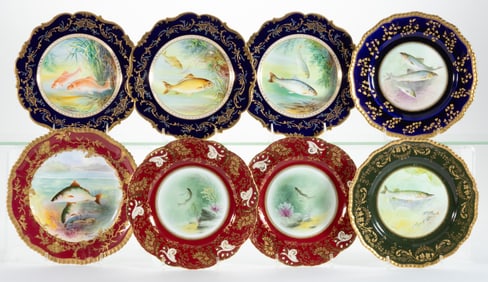 ENGLISH PORCELAIN HAND-PAINTED FISH MOTIF CABINET PLATES, LOT OF EIGHT