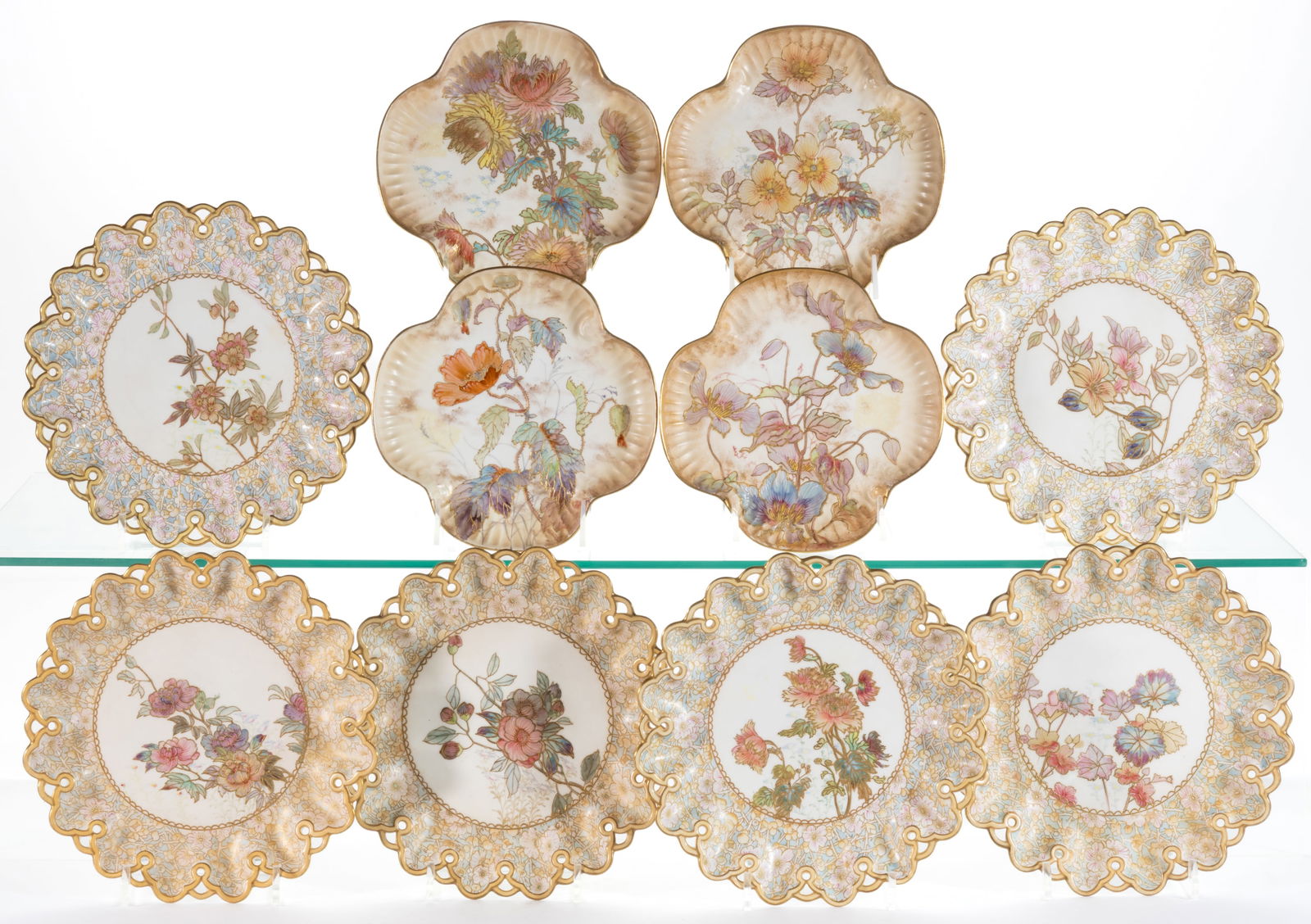 ENGLISH DOULTON HAND-PAINTED FLORAL MOTIF CERAMIC PLATES, LOT OF TEN (1 of 2)