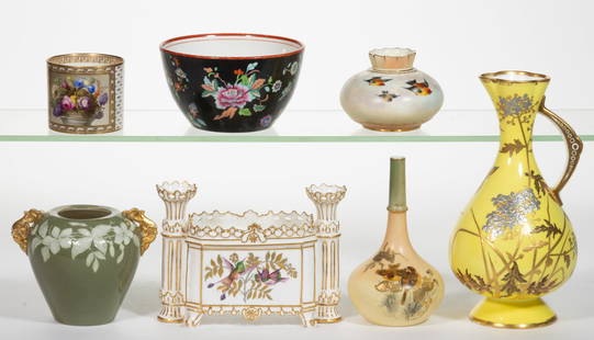 ENGLISH HAND-PAINTED CERAMIC ARTICLES, LOT OF SEVEN: ENGLISH HAND-PAINTED CERAMIC ARTICLES, LOT OF SEVEN, comprising a Derby coffee can/mug featuring floral bouquet design, a Mintons ewer having gilt and silver flowers on bright yellow ground, a Lo