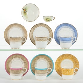 ENGLISH WORCESTER PORCELAIN CUP AND SAUCER SETS, LOT OF SEVEN