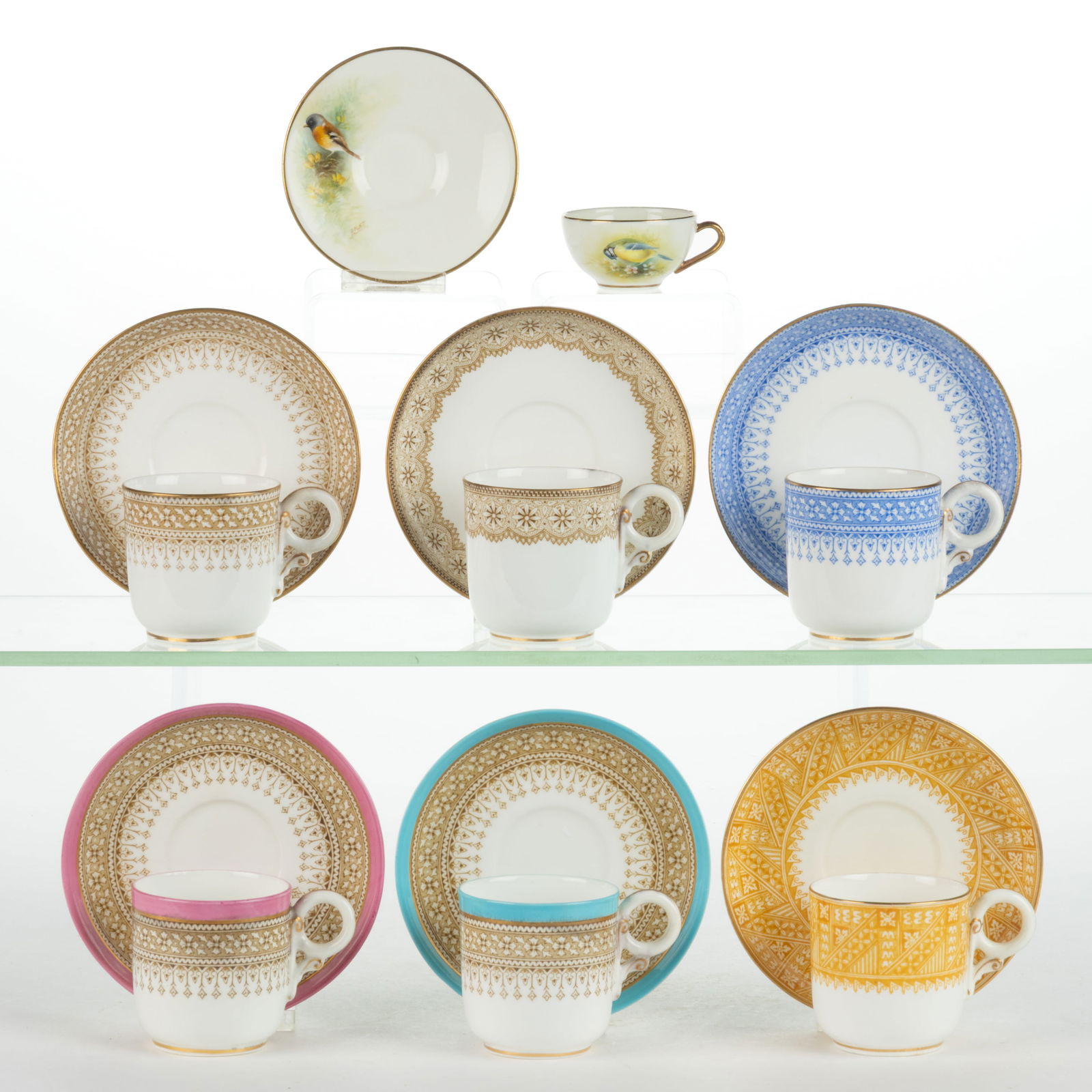 ENGLISH WORCESTER PORCELAIN CUP AND SAUCER SETS, LOT OF SEVEN (1 of 1)