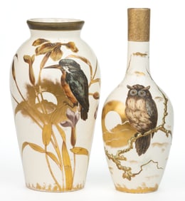 GERMAN ROYAL BONN HAND-PAINTED BIRD MOTIF CERAMIC VASES, LOT OF TWO