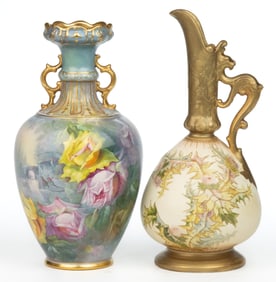 GERMAN ROYAL BONN HAND-PAINTED FLORAL MOTIF CERAMIC ARTICLES, LOT OF TWO