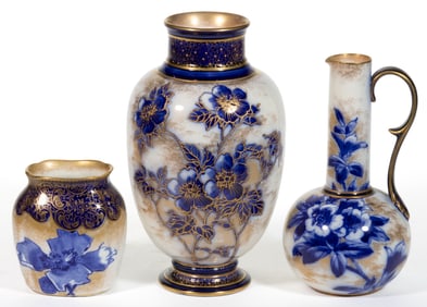 ENGLISH ROYAL DOULTON BLUE AND WHITE ART NOUVEAU FLORAL MOTIF CERAMIC ARTICLES, LOT OF THREE