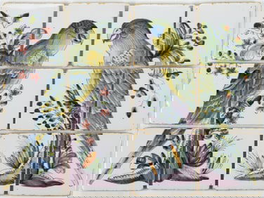DUTCH DELFT TIN-GLAZED HAND-PAINTED PARROT TILE TABLEAUX, LOT OF TWO