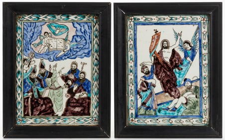 EUROPEAN TIN-GLAZED HAND-PAINTED EARTHENWARE PAIR OF RELIGIOUS TILES / PLAQUES