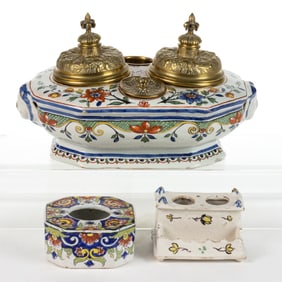 EUROPEAN FAIENCE TIN-GLAZED HAND-PAINTED EARTHENWARE INKSTANDS, LOT OF THREE