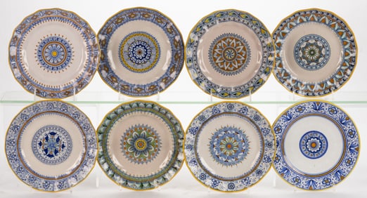 ITALIAN MAJOLICA ULISSE CANTAGALLI TIN-GLAZED IZNIK-STYLE EARTHENWARE PLATES, LOT OF EIGHT