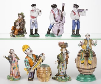 ITALIAN AND SLOVAKIAN TIN-GLAZED HAND-PAINTED EARTHENWARE FIGURES, LOT OF EIGHT