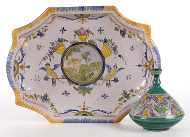 ITALIAN MAJOLICA TIN-GLAZED HAND-PAINTED ARTICLES, LOT OF TWO