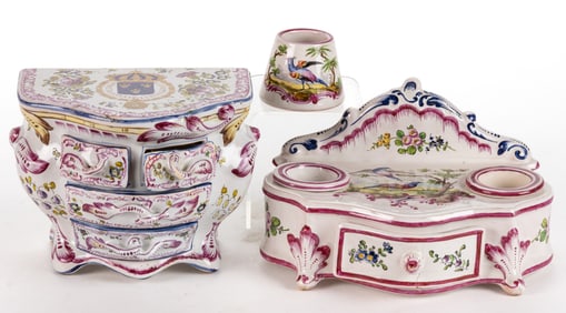 FRENCH FAIENCE TIN-GLAZED HAND-PAINTED EARTHENWARE DESK ARTICLES, LOT OF TWO