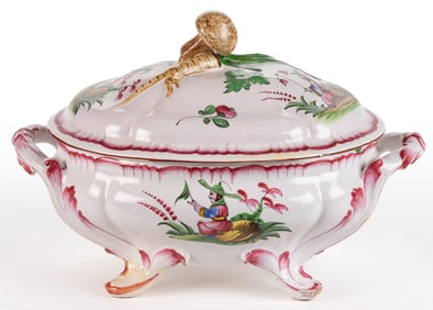 FRENCH FAIENCE TIN-GLAZED HAND-PAINTED CHINOISERIE EARTHENWARE COVERED TUREEN