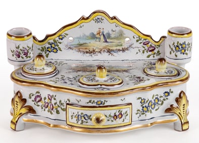 FRENCH FAIENCE TIN-GLAZED HAND-PAINTED EARTHENWARE FOOTED INKSTAND