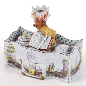 FRENCH FAIENCE TIN-GLAZED HAND-PAINTED EARTHENWARE INKSTAND