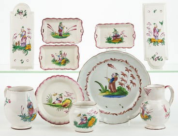 FRENCH ST. CLEMENT FAIENCE TIN-GLAZED HAND-PAINTED CHINOISERIE MOTIF CERAMIC TABLE AND OTHER