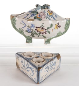 FRENCH FAIENCE TIN-GLAZED HAND-PAINTED EARTHENWARE ARTICLES, LOT OF TWO