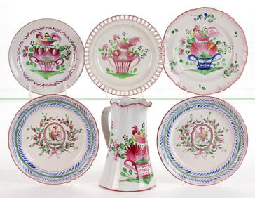 FRENCH  ST. CLEMENT FAIENCE TIN-GLAZED HAND-PAINTED ROOSTER MOTIF EARTHENWARE TABLE AND OTHER