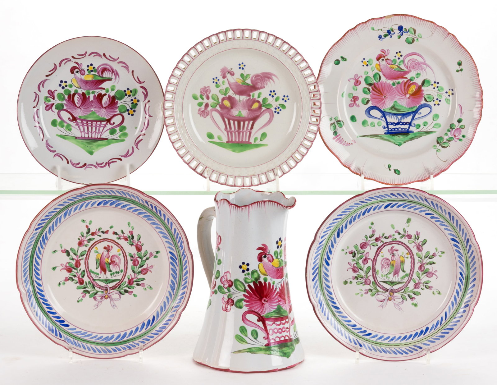 FRENCH  ST. CLEMENT FAIENCE TIN-GLAZED HAND-PAINTED ROOSTER MOTIF EARTHENWARE TABLE AND OTHER (1 of 2)