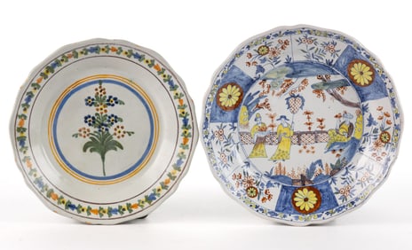 FRENCH FAIENCE TIN-GLAZED HAND-PAINTED EARTHENWARE PLATES, LOT OF TWO