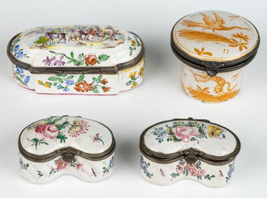 FRENCH FAIENCE TIN-GLAZED HAND-PAINTED EARTHENWARE BOXES, LOT OF FOUR