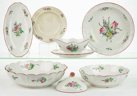 FRENCH LUNEVILLE FAIENCE OLD STRASBOURG CERAMIC TABLE ARTICLES, LOT OF SIX: FRENCH LUNEVILLE FAIENCE OLD STRASBOURG CERAMIC TABLE ARTICLES, LOT OF SIX, each having polychrome floral bouquet pattern, comprising a covered butter dish, a 10 5/8" x 5 7/8" ovoid dis