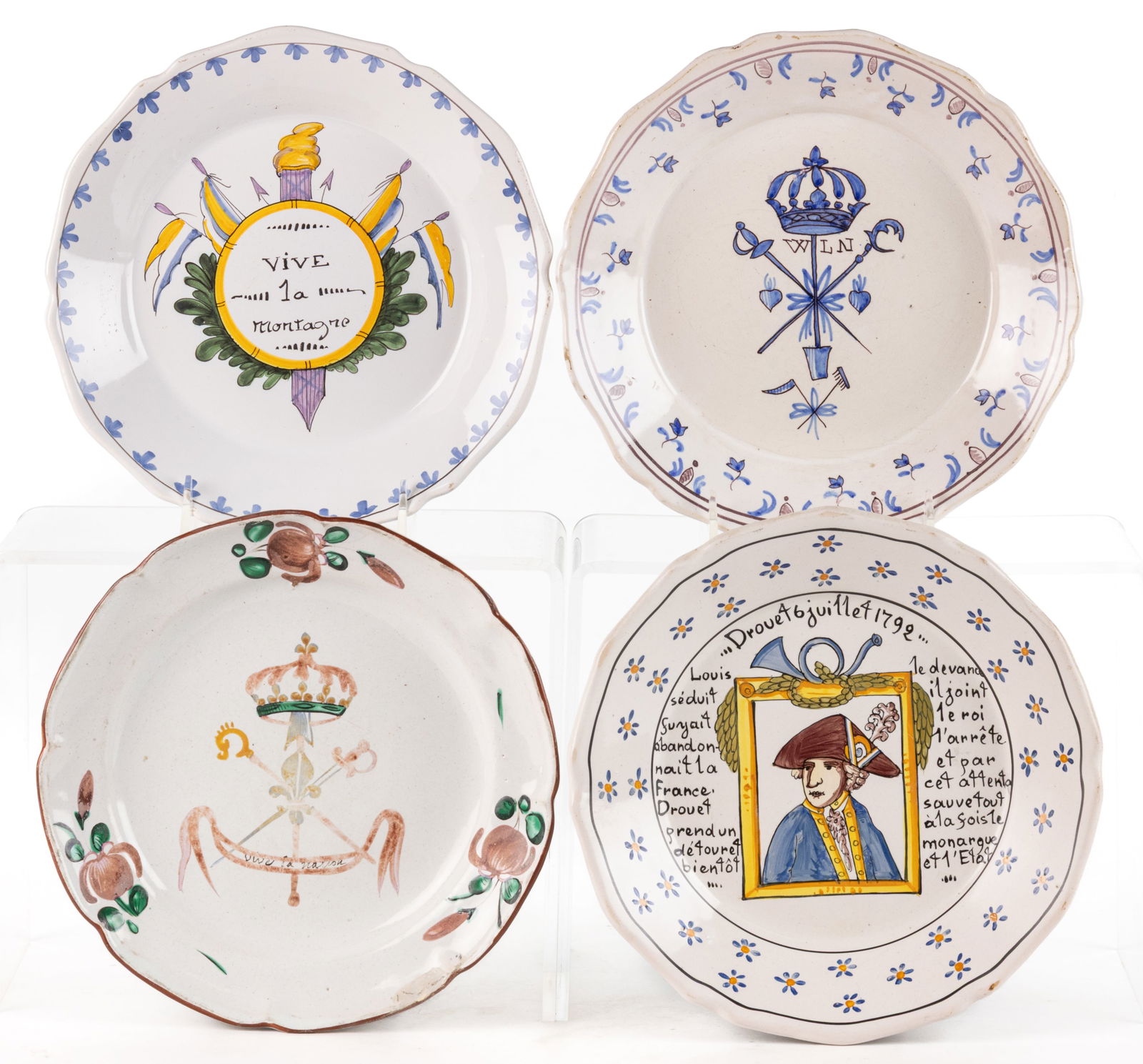 FRENCH FAIENCE TIN-GLAZED HAND-PAINTED REVOLUTIONARY MOTIF EARTHENWARE PLATES, LOT OF FOUR (1 of 2)