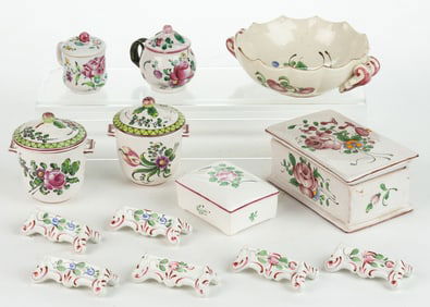 FRENCH FAIENCE TIN-GLAZED HAND-PAINTED FLORAL MOTIF EARTHENWARE ARTICLES, LOT OF 13