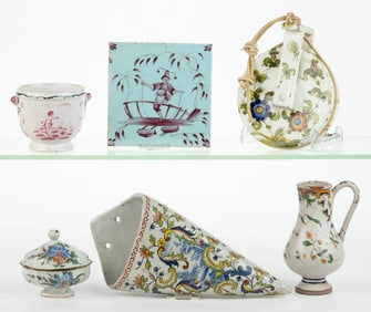 FRENCH FAIENCE TIN-GLAZED HAND-PAINTED EARTHENWARE ARTICLES, LOT OF SIX
