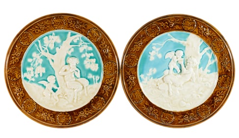 GERMAN SCHUTZ CILLI MAJOLICA EARTHENWARE PLAQUE PAIR