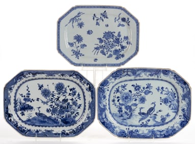 CHINESE EXPORT PORCELAIN HAND-PAINTED BLUE AND WHITE PLATTERS, LOT OF THREE