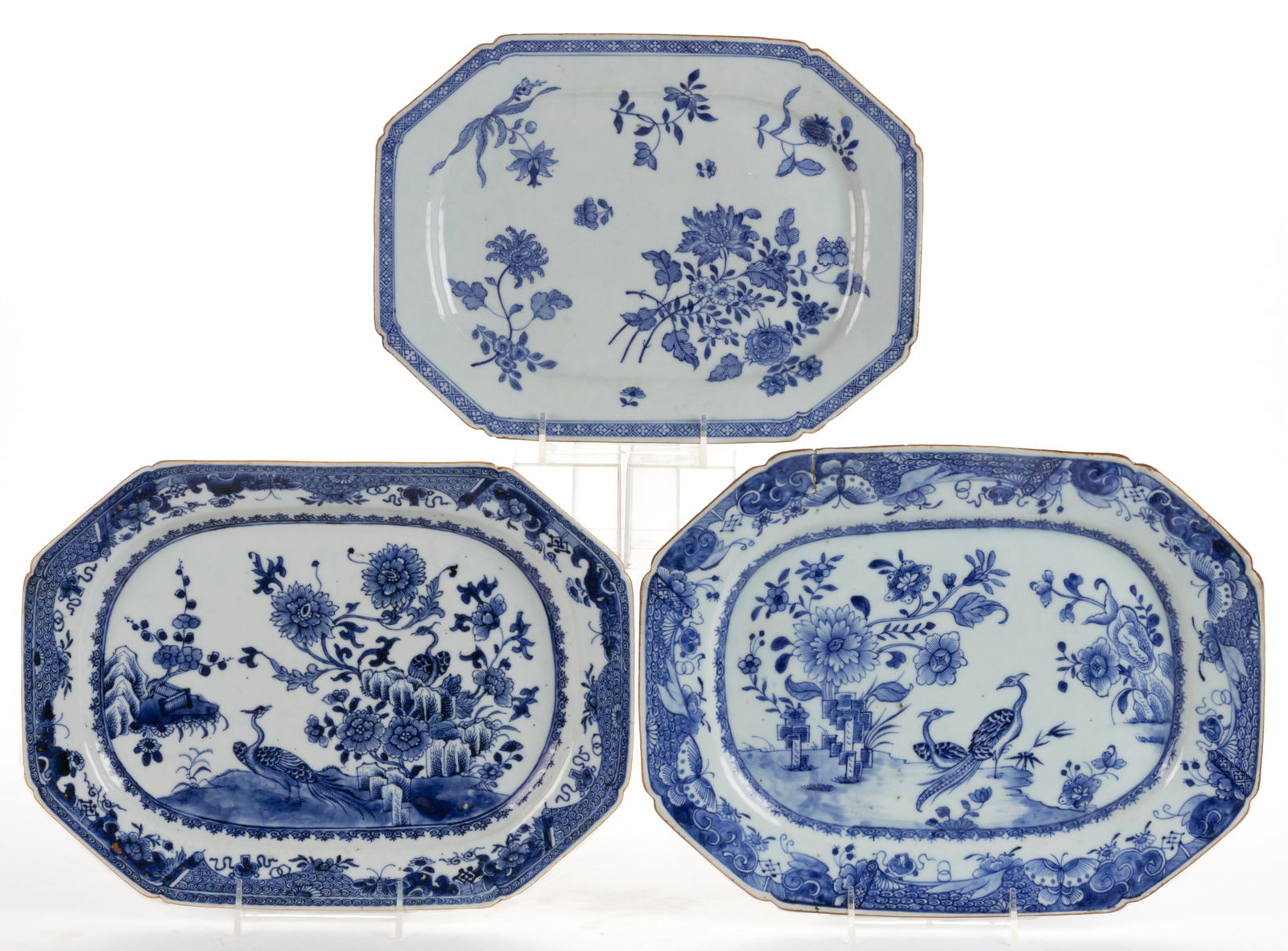 CHINESE EXPORT PORCELAIN HAND-PAINTED BLUE AND WHITE PLATTERS, LOT OF THREE (1 of 2)