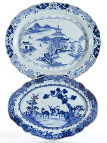 CHINESE EXPORT PORCELAIN HAND-PAINTED BLUE AND WHITE PLATTERS, LOT OF TWO