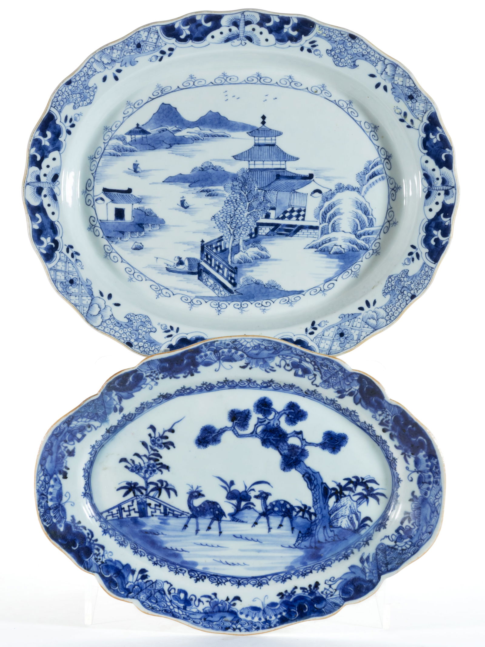 CHINESE EXPORT PORCELAIN HAND-PAINTED BLUE AND WHITE PLATTERS, LOT OF TWO (1 of 2)