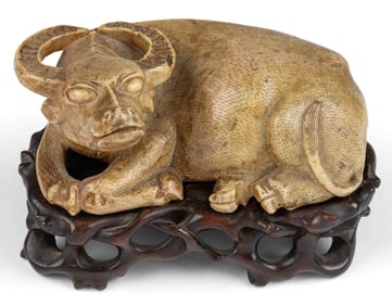 CHINESE CARVED SOAPSTONE WATER BUFFALO FIGURE WITH STAND