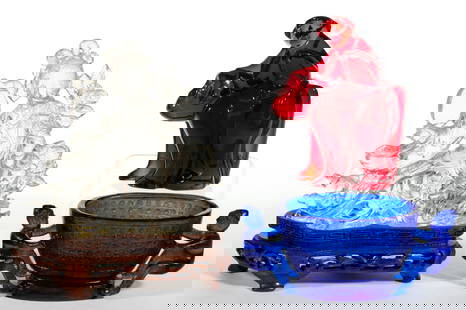 CHINESE CARVED ROCK CRYSTAL AND OTHER FIGURAL ARTICLES, LOT OF THREE: CHINESE CARVED ROCK CRYSTAL AND OTHER FIGURAL ARTICLES, LOT OF THREE, comprising a Chinese carved rock crystal figure of Guanyin holding a fan and sitting among flowers being glued onto a wooden stand