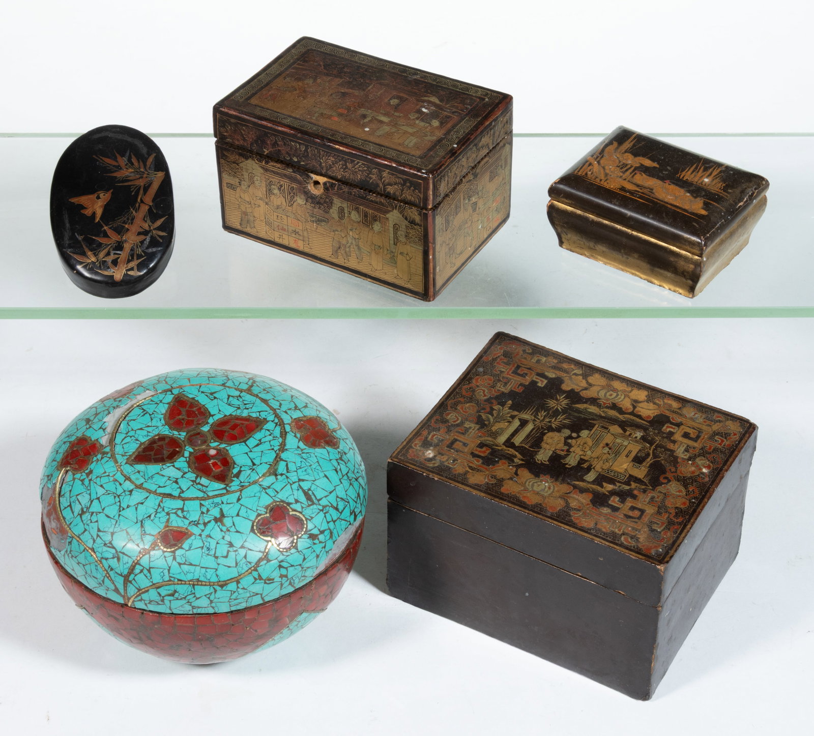 CHINESE EXPORT GILT-DECORATED LACQUERED AND OTHER ASIAN BOXES, LOT OF FIVE (1 of 2)