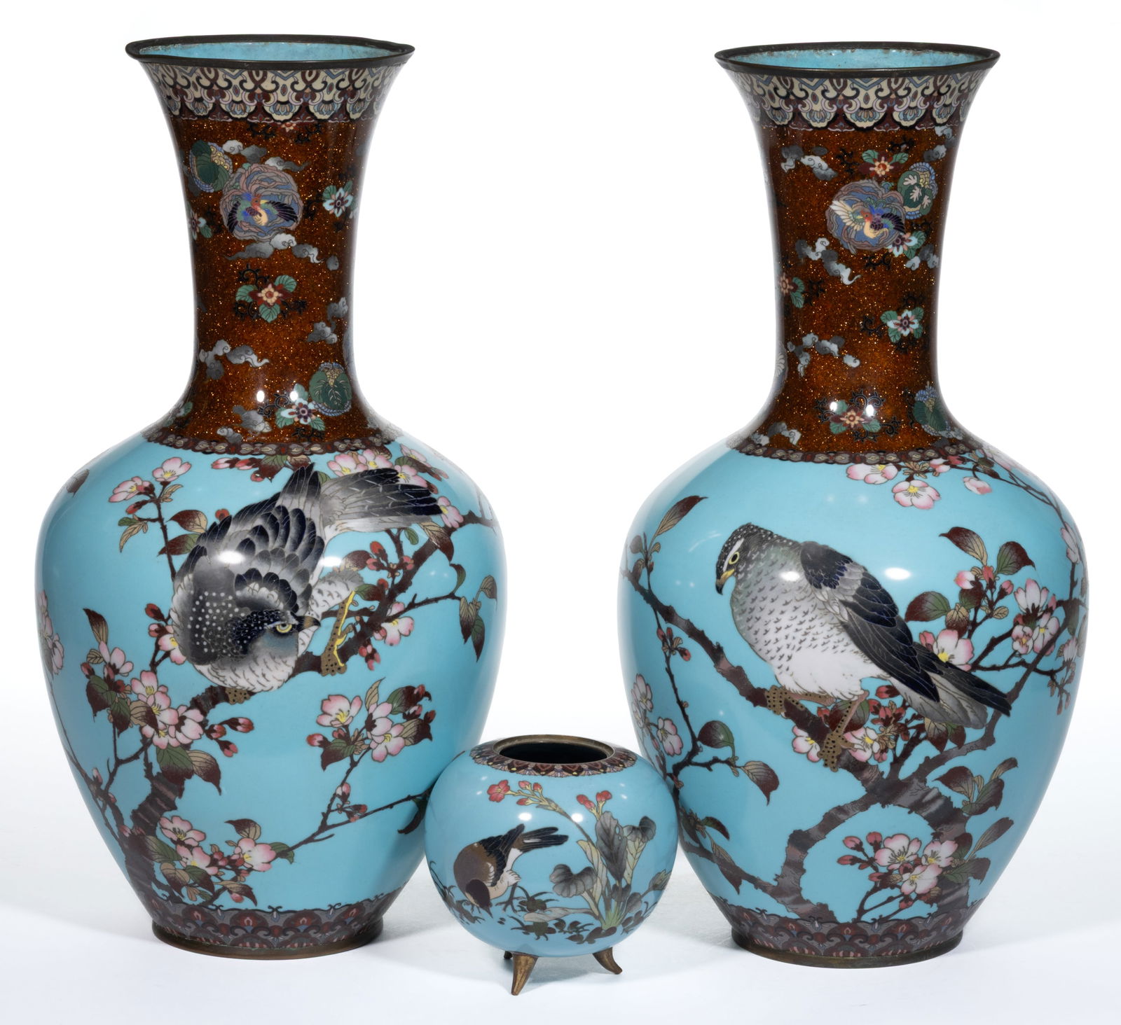 PAIR OF JAPANESE MEIJI PERIOD CLOISONNE WITH GOLDSTONE VASES (1 of 6)
