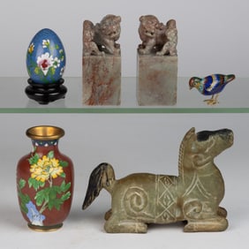 CHINESE / ASIAN CARVED STONE AND CLOISONNE ARTICLES, LOT OF SIX