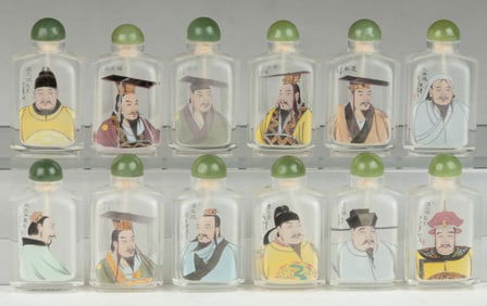 CHINESE EMPEROR REVERSE-PAINTED GLASS SNUFF BOTTLES, SET OF 12