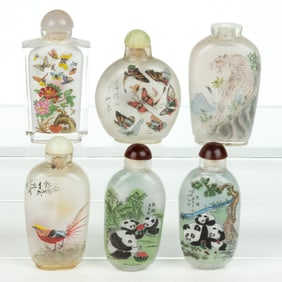 CHINESE ANIMAL-THEMED REVERSE-PAINTED GLASS SNUFF BOTTLES, LOT OF SIX